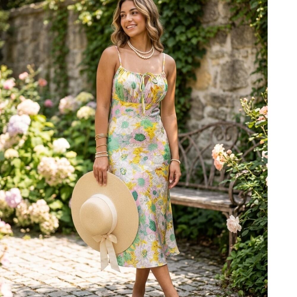 Dizzy Lizzy Floral Satin Midi Dress Tie Front Slip Cottage Coquette Pink Green